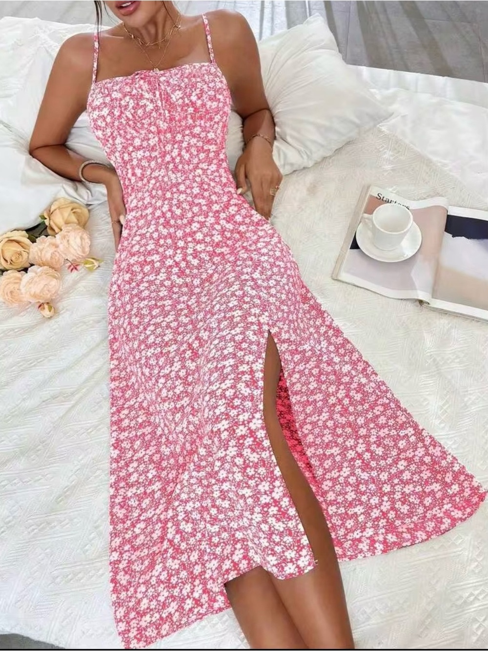 SHEIN Pink Floral Spaghetti-Strap Maxi Dress with Side Slit - Picture 5 of 8